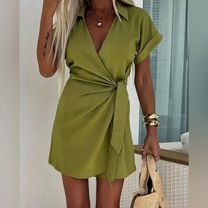 NWT Amazon Essentials Olive Wrap Mini Romper- Dress in Front, Shorts in back